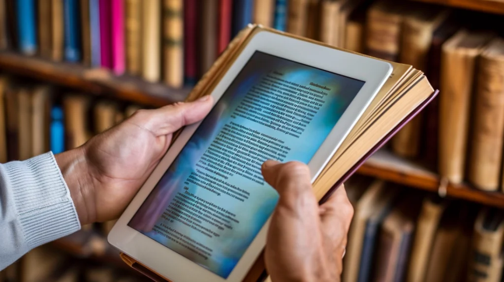 Mãos segurando um tablet com ecrã de texto sobreposto em páginas de um livro tradicional, simbolizando a integração da tecnologia na leitura.