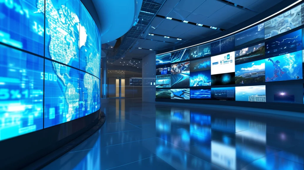 Centro de comando futurista com curvas de monitores exibindo dados e imagens globais.